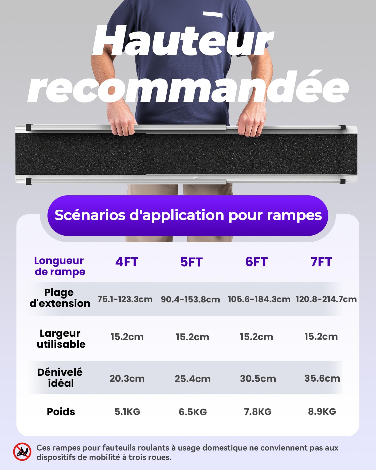 FACHNUO Rampe Télescopique pour Fauteuils Roulants 184 cm Rampe en Aluminium (Charge 272 kg) avec Sacs en Textile - pour escaliers, marches, Portes, Lot de 2
