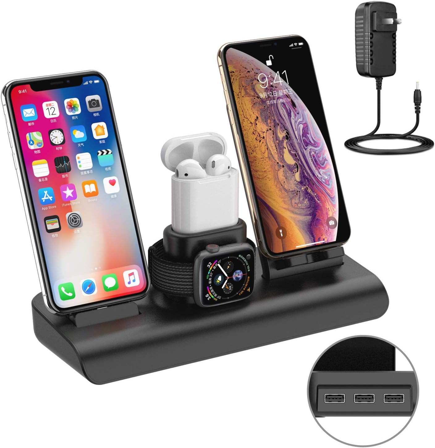 Wireless Charger Station Pad for iPhone,Apple Watch Charging Stand with iPhone Wireless Charger Stand Airpods Charging Dock Stand for iPhone X XS XR 8 Plus (Black)