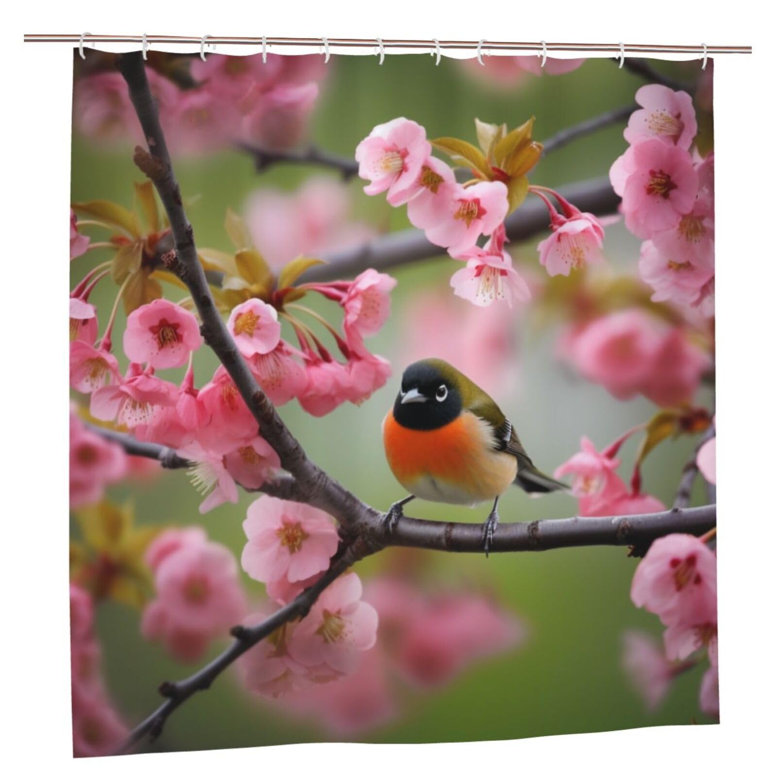 BWWHCCTI Bird in Peach Tree Printed Shower Curtain With 12 Plastic Hooks Opaque Quick Drying Waterproof Shower Curtains Sets For Bathroom 183x183 CM