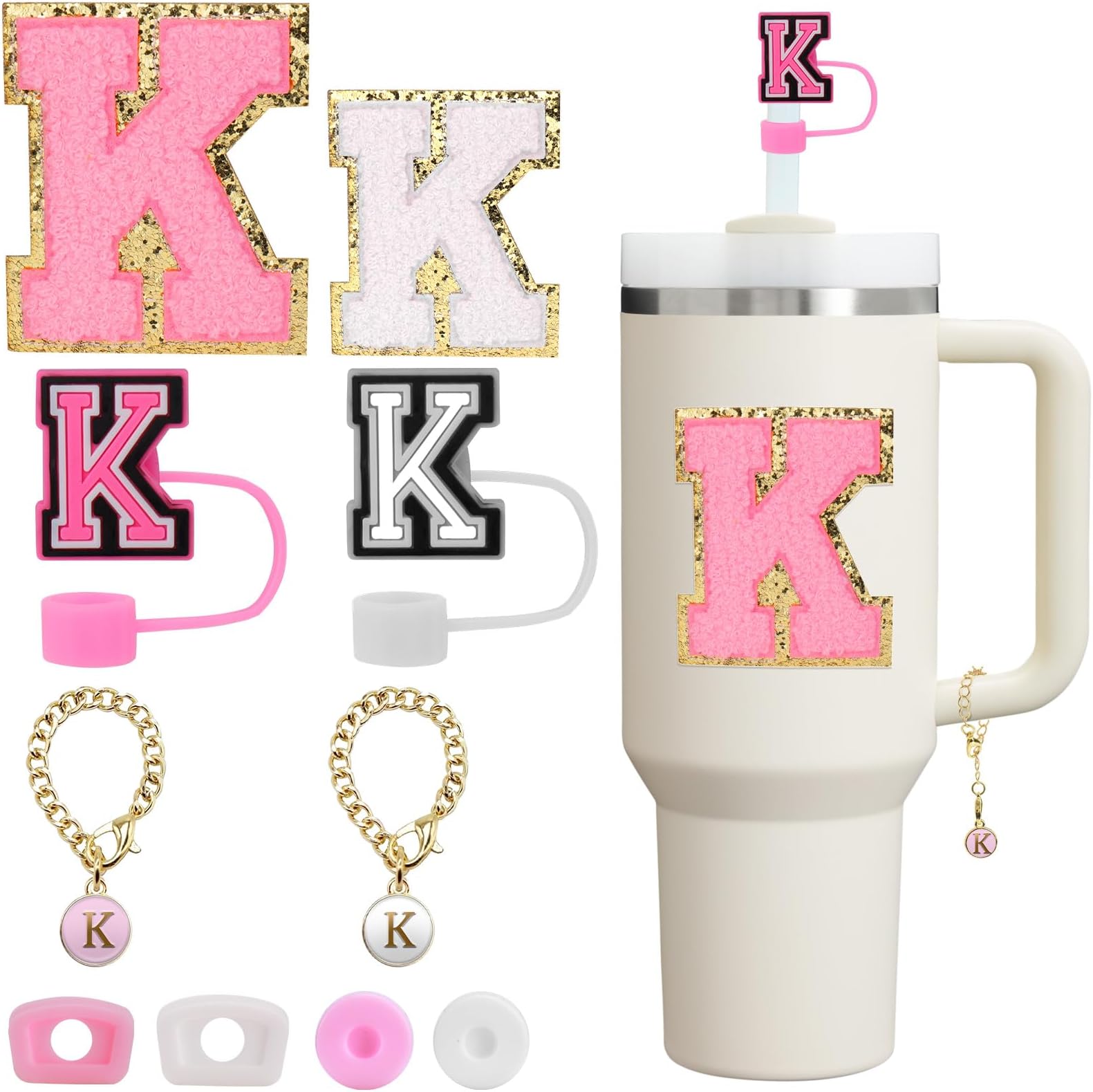 Mity rain 10pcs Set Designed for Stanley Cup Accessories - Including Straw Cover Cap, Letter Charm, Letter Stickers, Tumbler Spill Proof Stoppers for Stanley 40oz/ 30oz Pink Decorations (K)