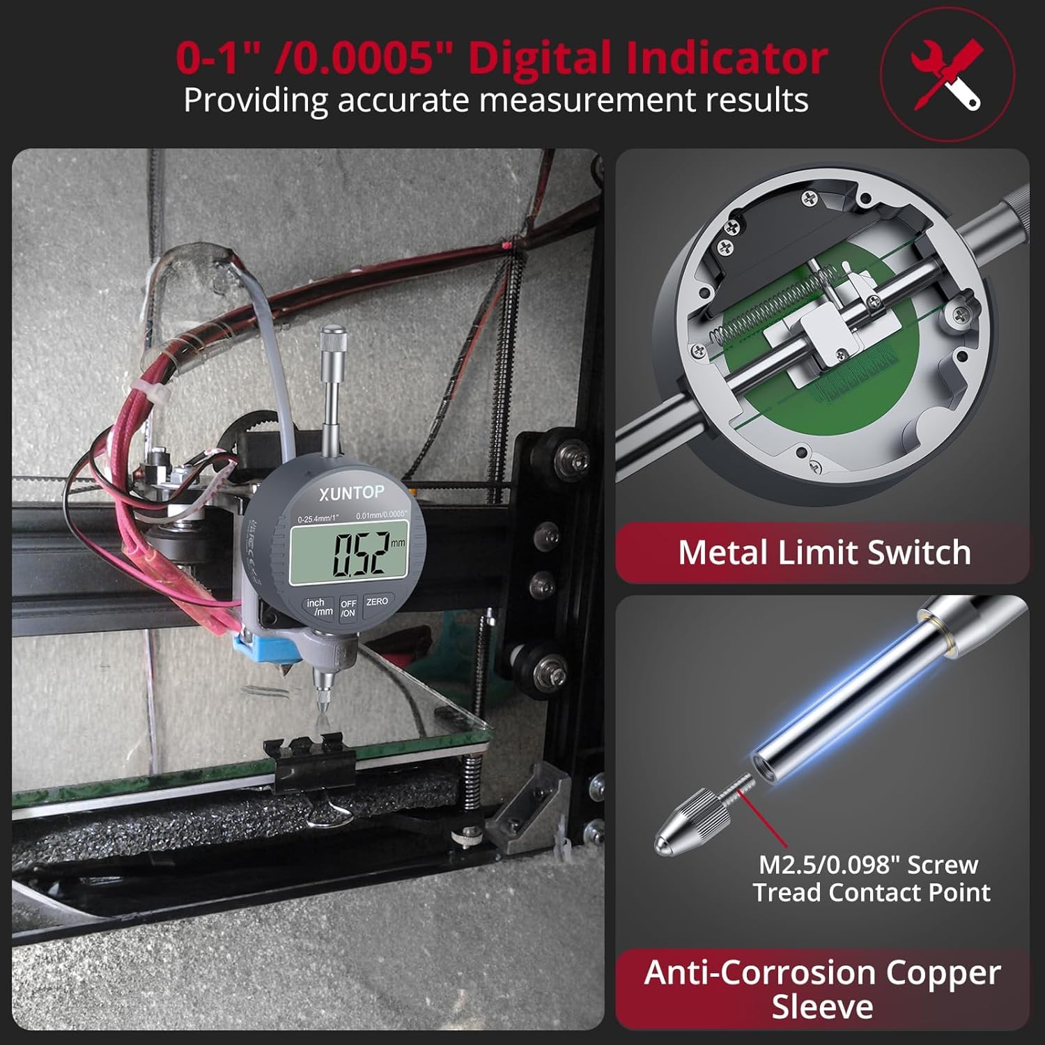 XUNTOP Reloj Comparador 0-25.4mm/1" Indicador de Cuadrante Digital con 132lbs/60kg Base Magnética Indicador de dial Digital con Conversión Pulgadas/Métrico y Puesta a cero para Torno, Impresora 3D