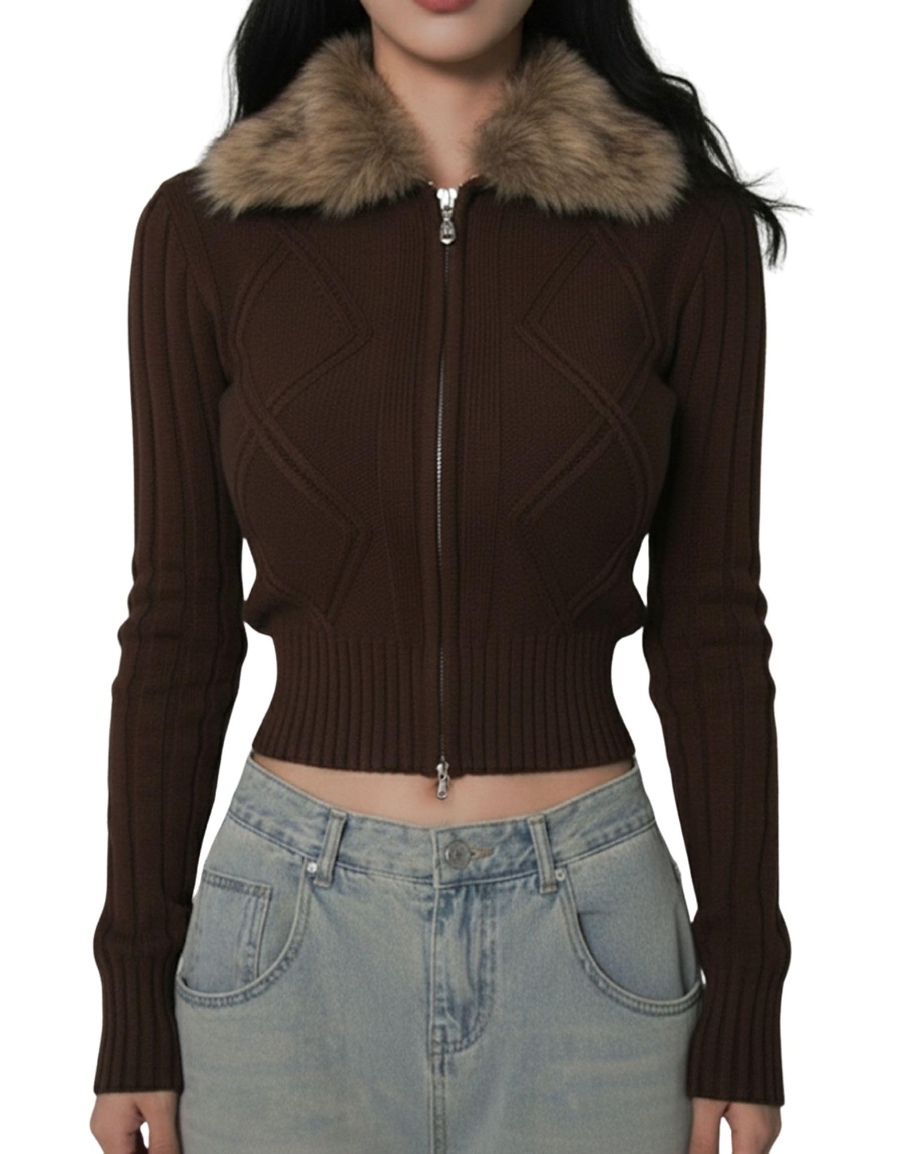 BAIMORE Womens Autumn and Winter Retro Hot Girl Y2K Faux Fur Collar Zipper Cardigan Slim Fit Knit Jacket