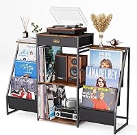 Vista 1 de Record Player Stand with Vinyl Storage – Record Table with Holder,6-Bin Vinyl Storage Rack & Drawer, Dual Side Display Shelves,Holds 200+