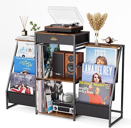 Soporte para tocadiscos con almacenamiento de vinilo, mesa de discos con soporte, estante y cajón de almacenamiento de vinilo de 6 compartimientos,