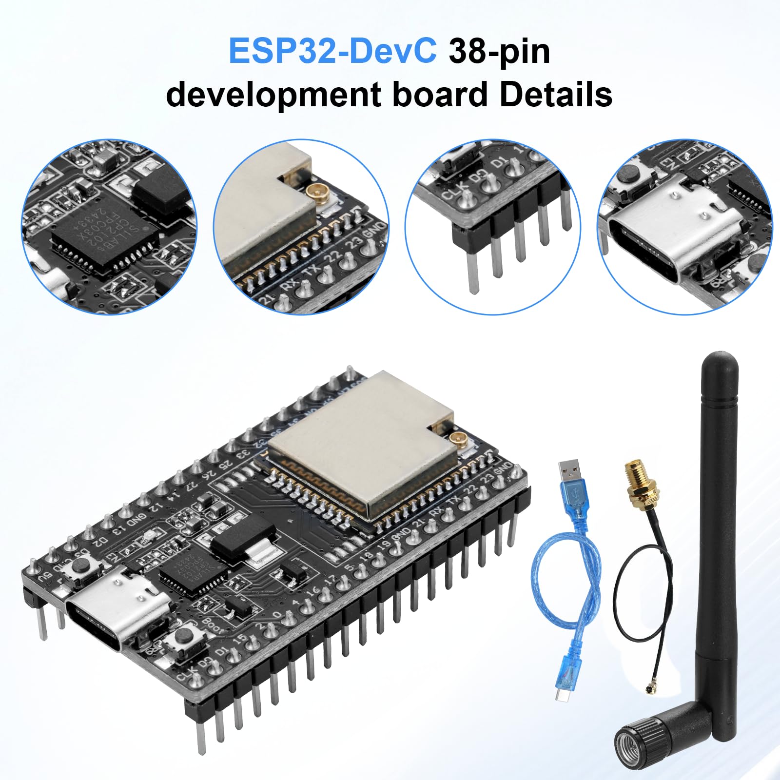 ESP32-DevC - Scheda di sviluppo a 38 pin, AYWHP 3 pezzi NodeMCU per ESP-WM-32D WLAN WiFi con antenna e cavo WiFi+Bluetooth USB-C compatibile con Arduino