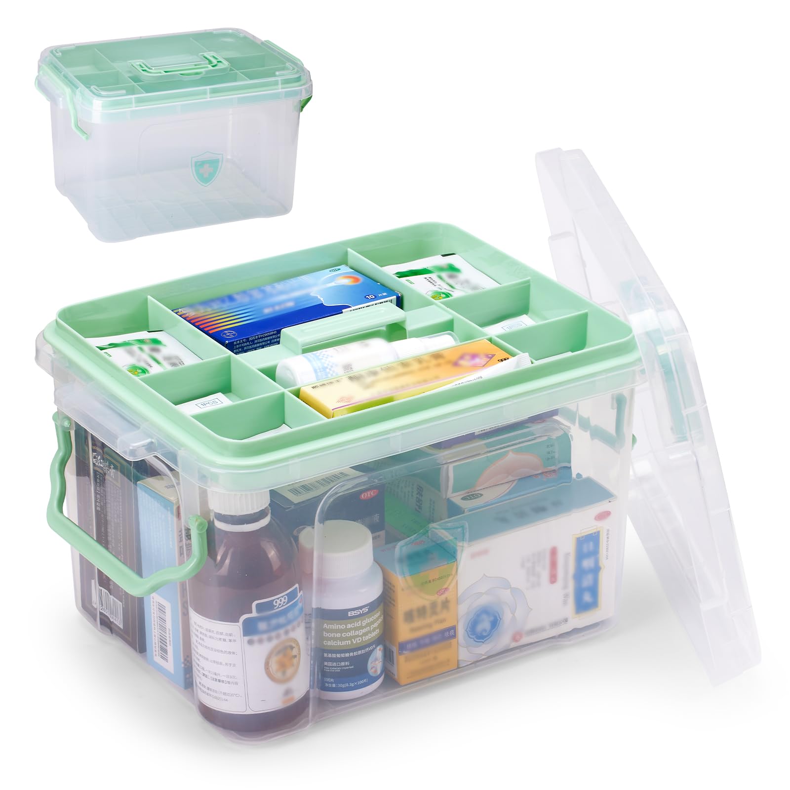 Esilihom Medicine Storage Box, 2-Layer Medication Box With Lid, Multi-Grid First Aid Box, Medicine Cabinet, Medication Storage Organiser, Household Medical Box For Tablets, Pills, Capsules (Green)
