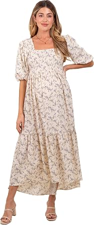 PinkBlush Floral Smocked Hi-Low Puff Sleeve Maternity Maxi Dress
