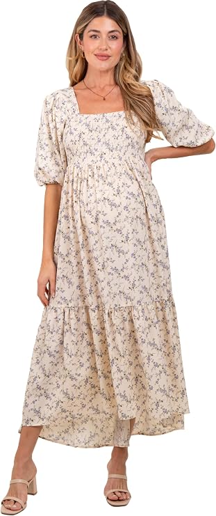 PinkBlush Floral Smocked Hi-Low Puff Sleeve Maternity Maxi Dress