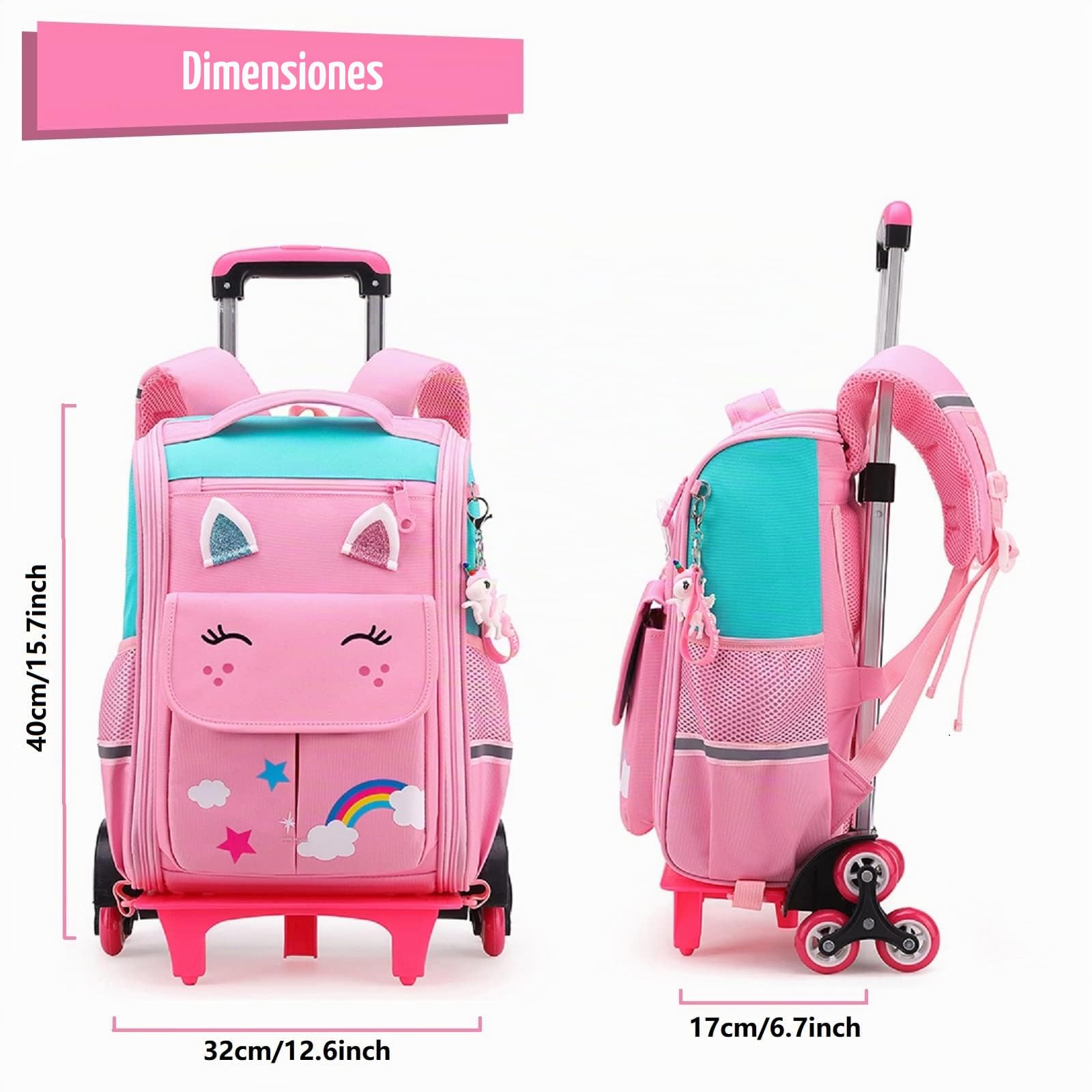 Tanou Mochila Ruedas Niña, 16 Pulgadas Mochilas Escolares con Ruedas, Desmontable Mochila con Carro Niñas para Viajes Escolar, 5-9 Años, Rosado