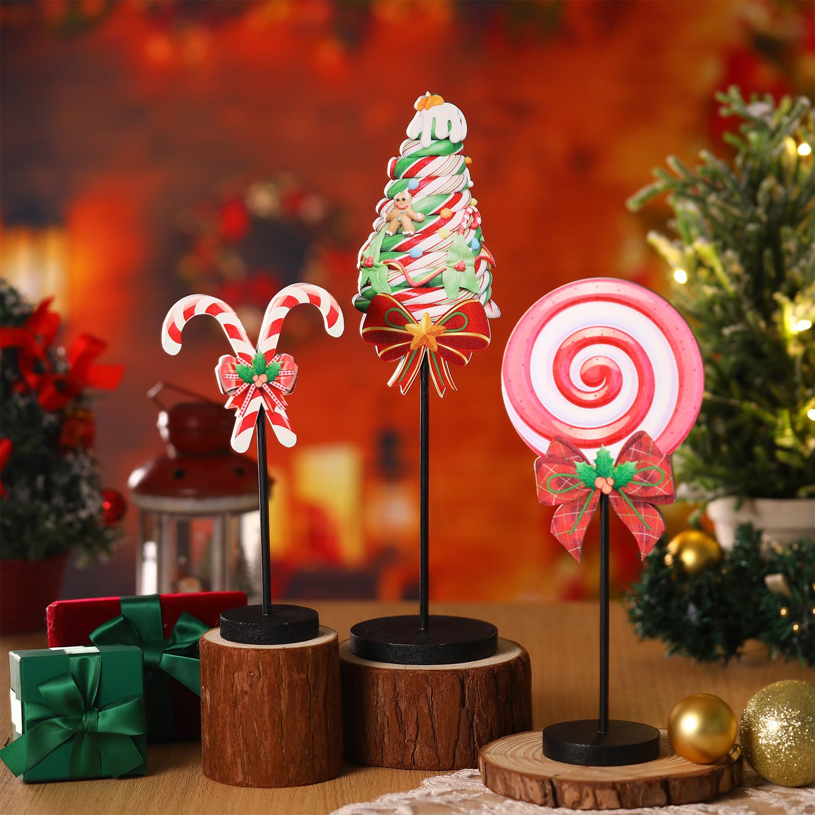 3 Pcs Christmas Candy Table Decorations Red Green Christmas Table Centerpieces Christmas Wooden Signs Tabletop Decor for Home Xmas Holiday Kitchen Party Decor