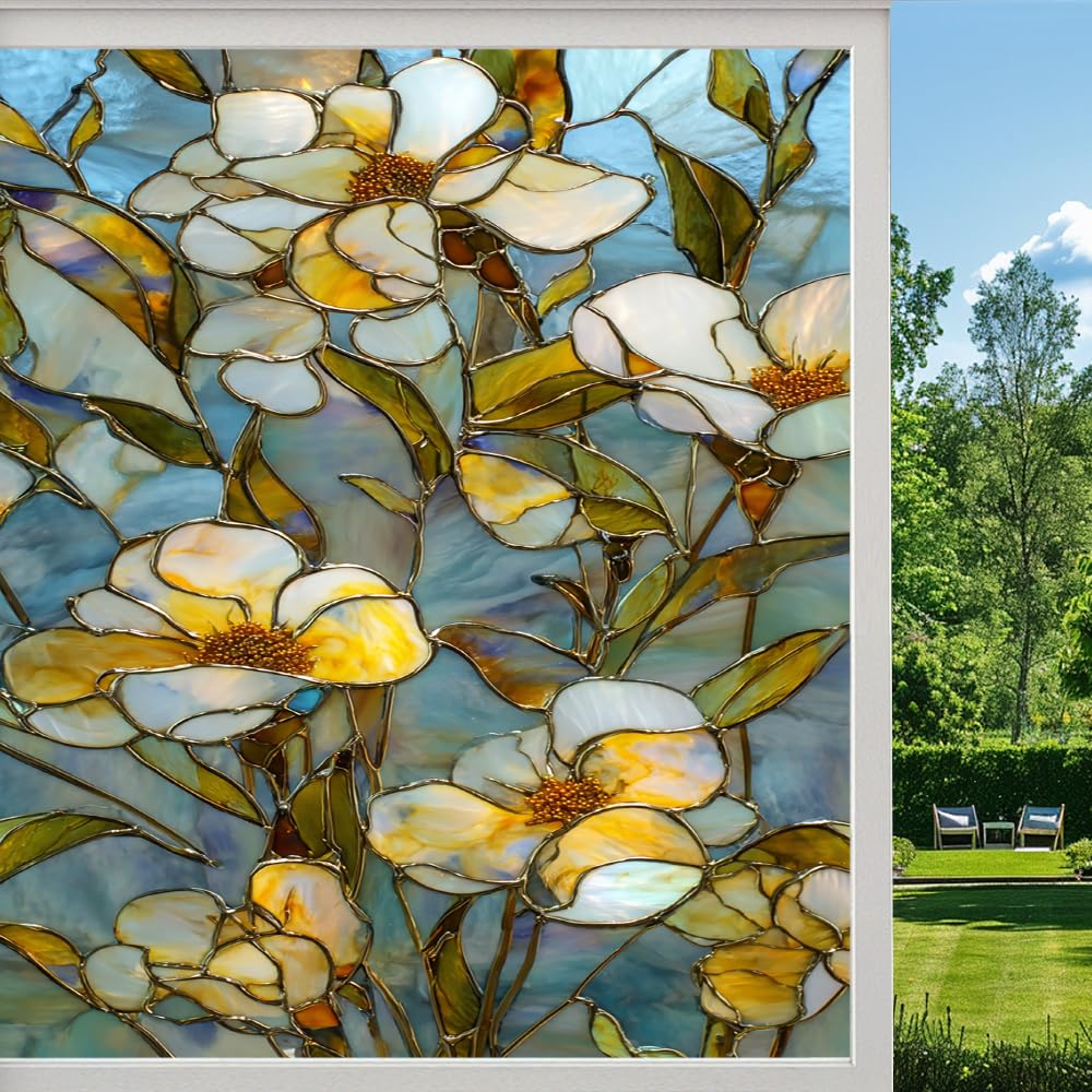 Pmlbaous Colorful Flowers Frosted Window Film, Rural Magnolia Plants Stained Glass Privacy Film, Heat Insulation Self-Adhesive Vinyl For Bathroom Office, （45X60cm）