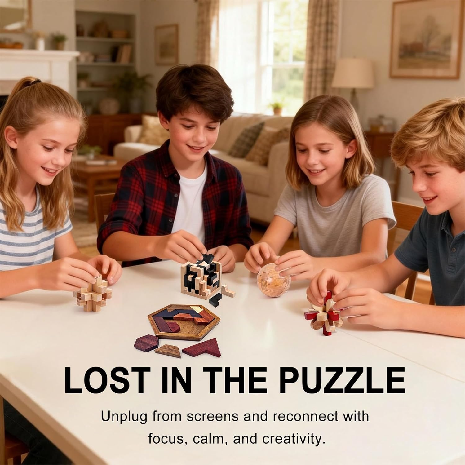 5PCS Wooden Puzzles for Adults & Kids – Cube & Shape Brain Teasers, Logic & Educational Games, Family Fun