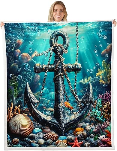 Miniatura 28 de Anchor Throw Flannel Blanket,Nautical Rope Anchor Navigation Fleece Throw Blanket for Home Decor Sofa Couch,Ocean Adventure Theme Navy Blue Fleece