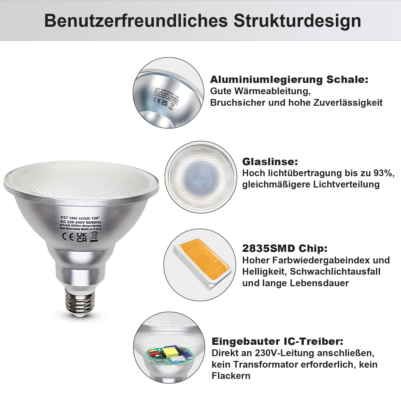 4er 18W E27 LED Lampe Warmweiss Par38 Reflektor Strahler 2000LM Flood Licht 230V, Ersetzt Halogen Leuchtmittel 180W, 120 Grad,Nicht Dimmbar