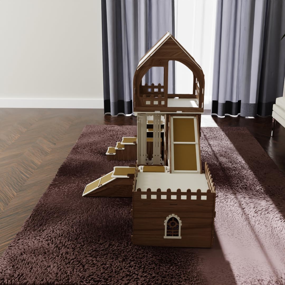 Colony Kaninchenhaus – 3 Etagen mit Terrasse & Holzbrücke – Für 4 Kaninchen geeignet – Indoor Stall aus Holz – Mit Rampen & Kissen – Modernes Kleintiermöbel (Eiche-Weiß, N)