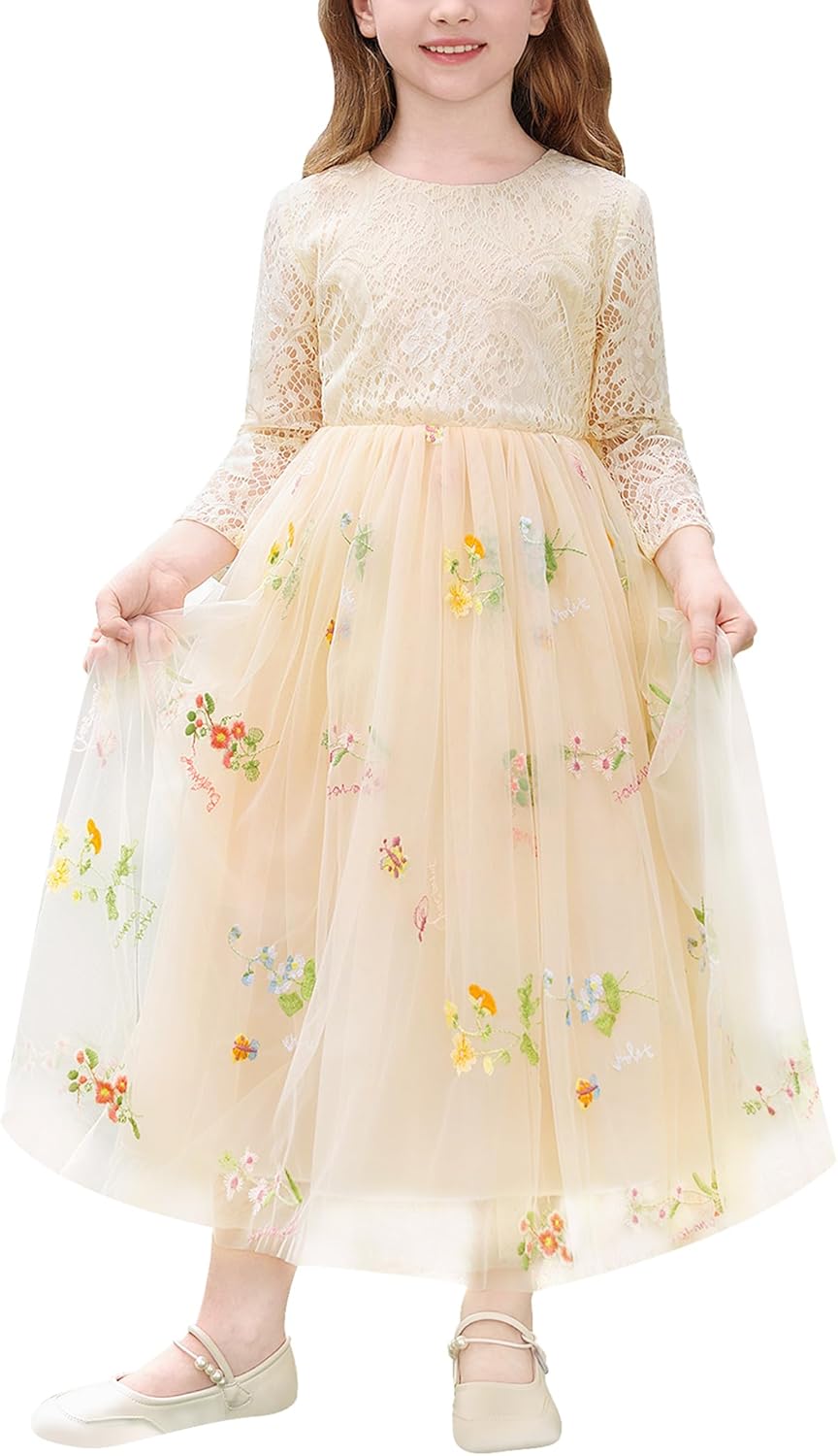 Baby Girl Flower Tulle Dress Floral Lace 3/4 Sleeve Birthday Wedding Bridesmaid Dresses Toddler Princess Party Dress