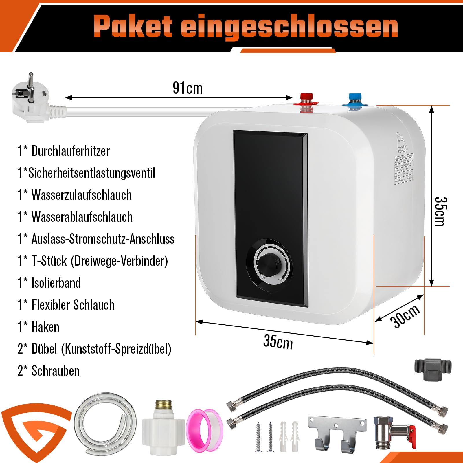 Druckfest Kleinspeicher, Untertischboiler 30 Liter Unterschrank Elektrischer Warmwasserspeicher 1,5KW Mini Durchlauferhitzer mit Stecker 230V für Küche, Dusche, Badezimmer Überhitzungsschutz