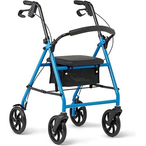 Medline Standard Adult Steel Rollator Walker Aid, Light Blue, 300 lb. Weight Capacity, 8” Wheels, Foldable, Adjustable Handles, Rolling Walker for Seniors