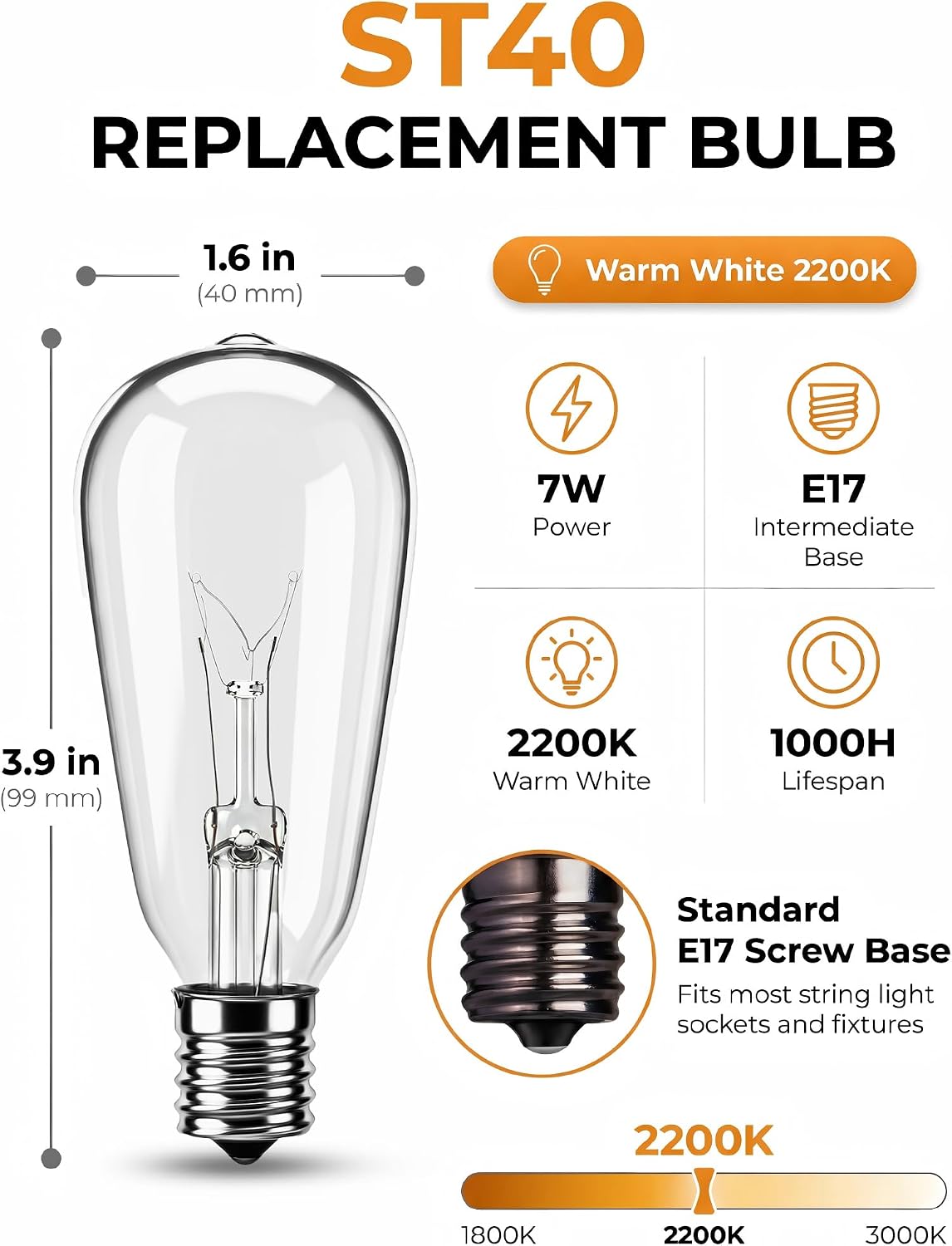 10 Pack ST40 Replacement Bulbs for Outdoor String Lights, 7W E17 Intermediate Base Clear Incandescent Edison Bulbs for Indoor Outdoor Patio Backyard Decor, Warm White image 2