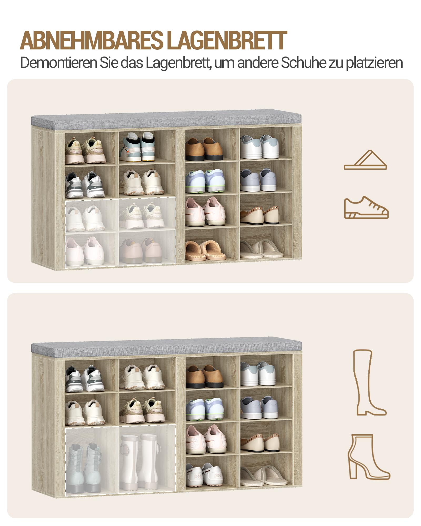 Hzuaneri Banc à Chaussures, 16 Compartiments, Chêne | Support à Chaussures avec Siège, Banc avec Rangement, Coussin, Pour Salon, Couloir, Chambre, SB25616GY