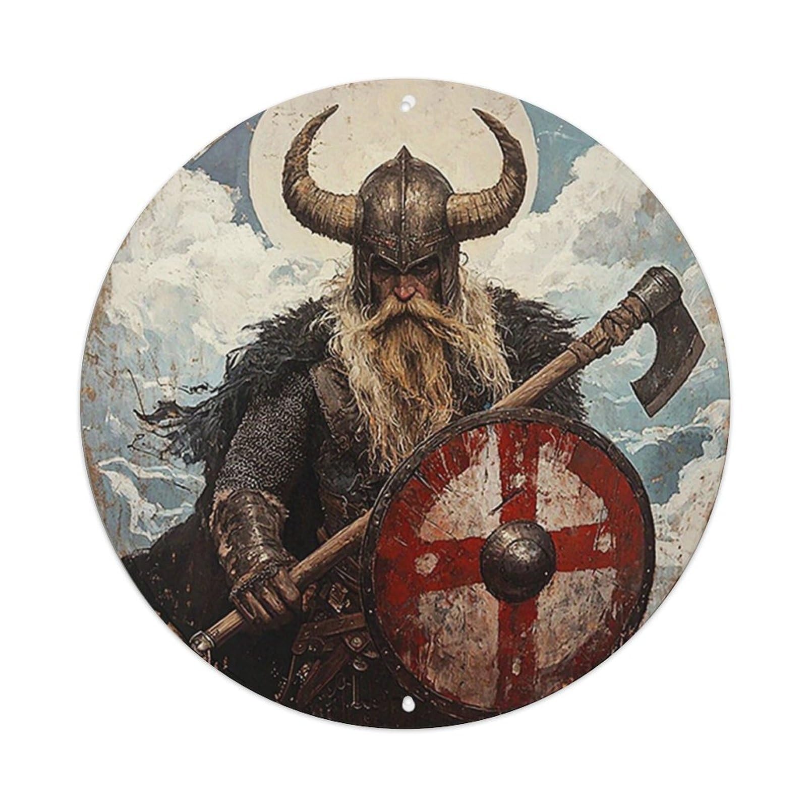 Viking Warrior With Axe And Shield Round Metal Tin Sign Vintage Wall Decor, Bar Garage Cafe Kitchen Home Wall Art Poster 8x8inches