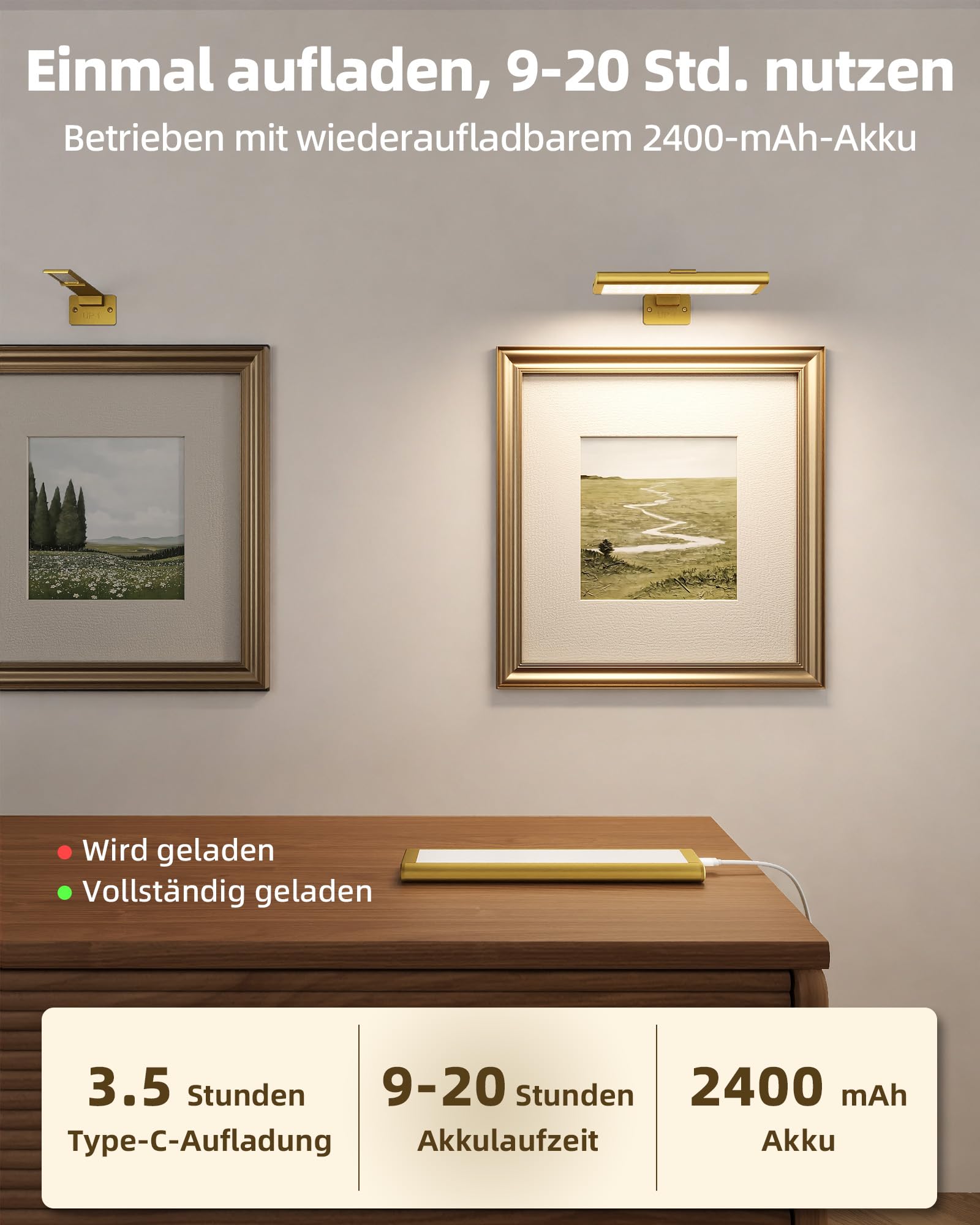 EZVALO Iluminación de Imagen Inalámbrica, Lámpara de Pared Inalámbrica para Interiores, Luces LED con Batería para Espejo de Baño, Cuadros, Pinturas y Fotos (2 Piezas, Oro)