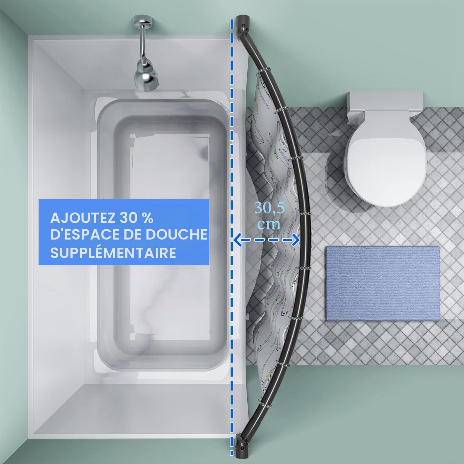 Tringle à rideau de douche incurvée de 114 à 190 cm, en acier inoxydable de qualité supérieure, ne rouille pas, réglable, pour salle de bain, noir, à percer