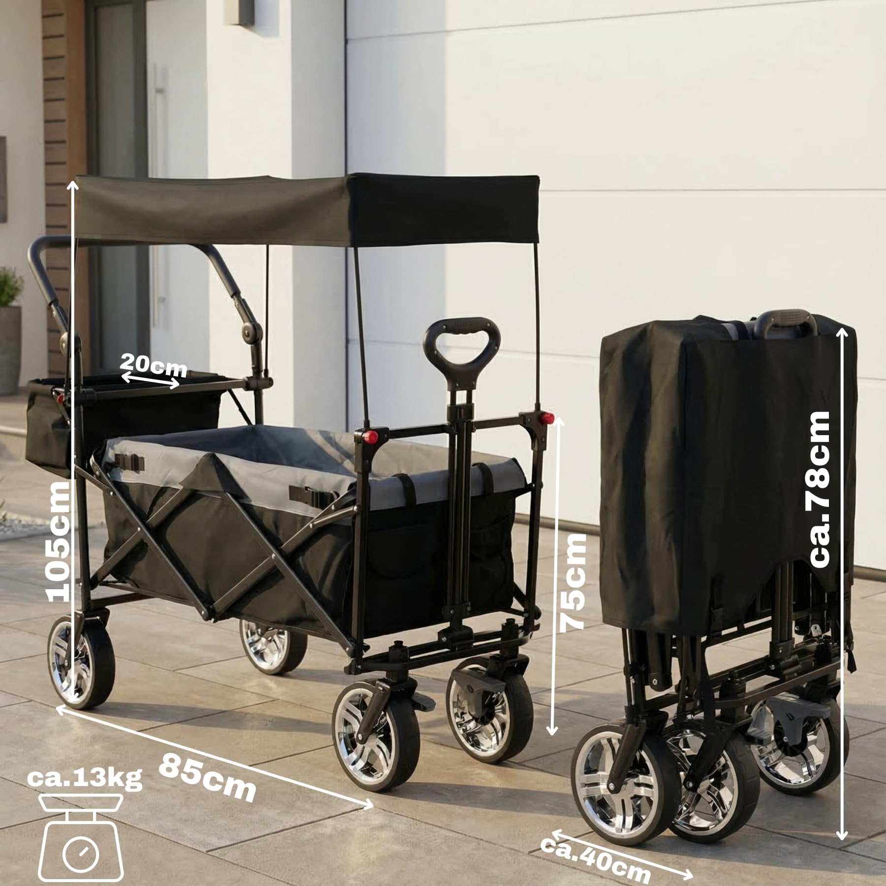 Bollerwagen faltbar mit Dach 105L 100kg Schiebegriff & Teleskop-Ziehstange 2 Feststellbremsen + Zentralbremse hinten 3-Punkt-Gurtsystem XXL-Hecktasche Bollerwagen mit Dach