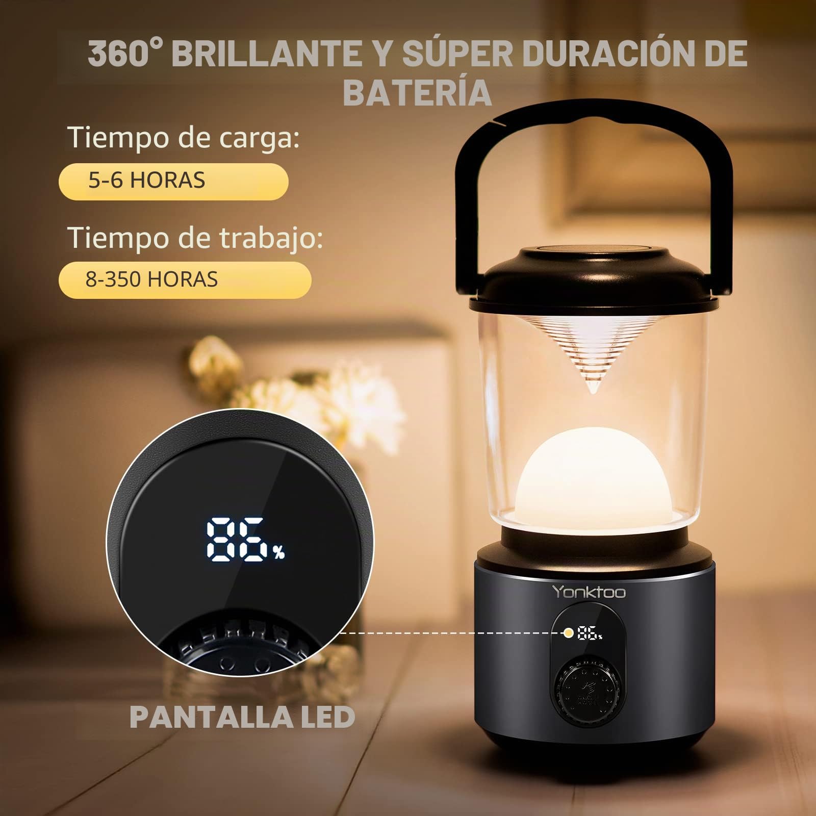Yonktoo Lámpara de camping de 10400 mAh, recargable, con material de aleación de aluminio, 5 modos de luz y pantalla LCD, senderismo, cable de carga incluido