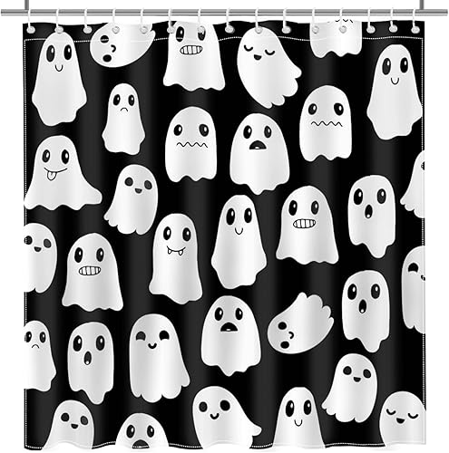 Miniatura 9 de Cortina de ducha de Halloween, bonita cortina de ducha de fantasma, fantasma, impermeable, juego de cortina de baño con 12 ganchos para decoración