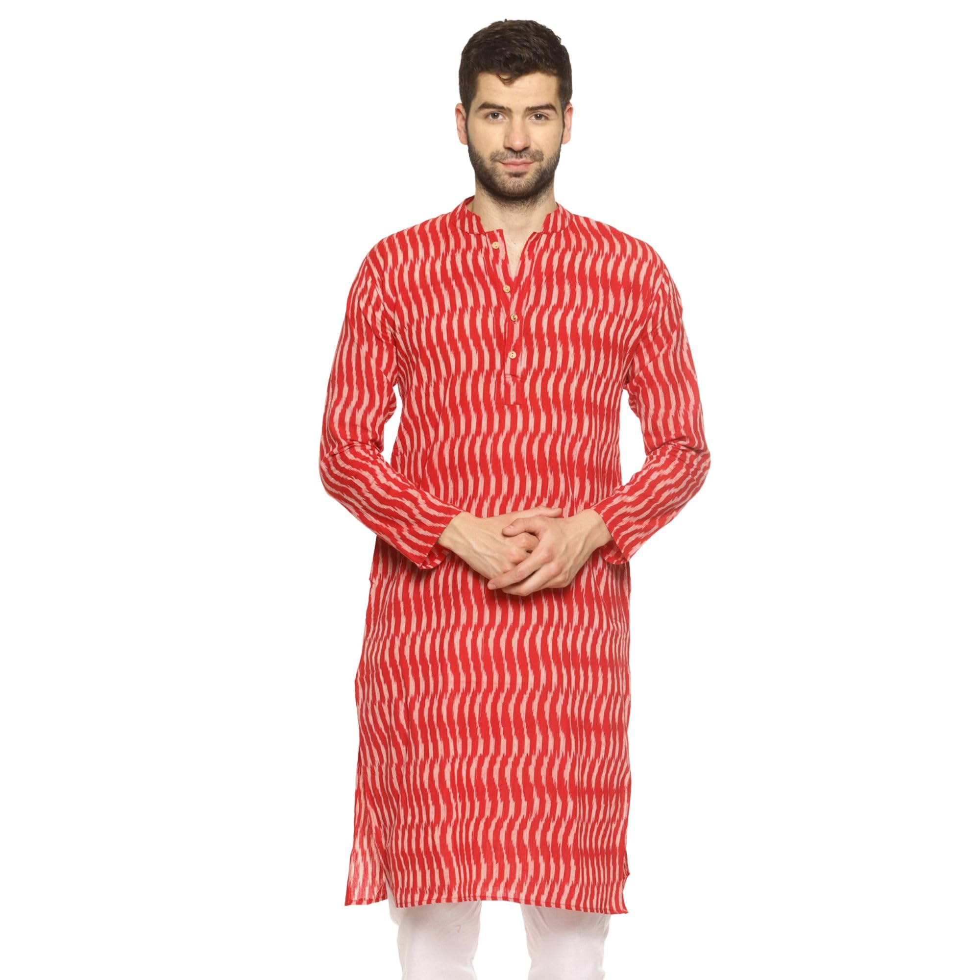 paroksh Men Ikkat Handloom Cotton Woven Straight Long Kurta with Side Slit Pattern Front Button Placket Regular Fit Full Sleeve Traditional Ikat Design Suitable for Festive & Ekkat Ethnic Wear-picture-32