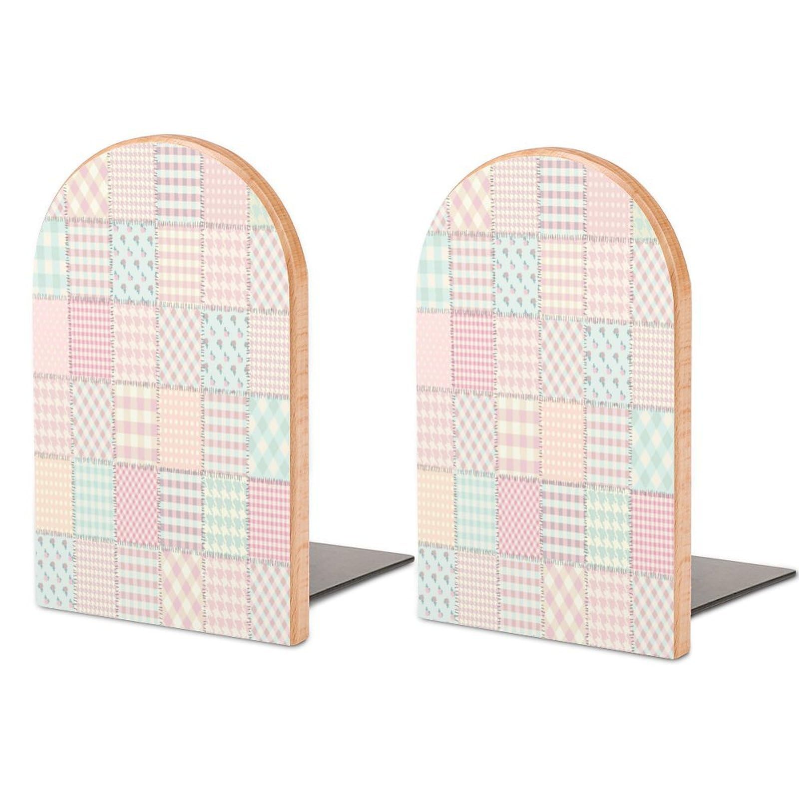 Pink Patchwork in A Shabby Chick Style. Beech Wood Bookends Heavy Duty Book Organizers Desktop File Holder for Office Home Bookshelf