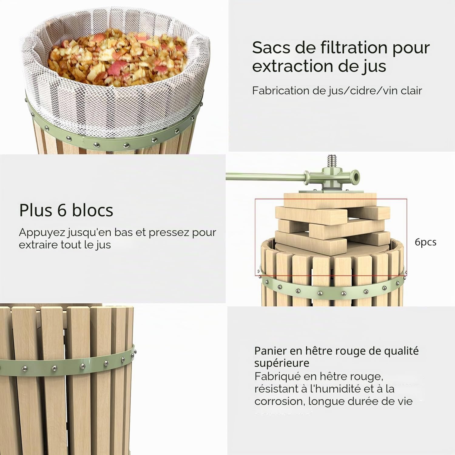 Presse à vin fruit - Presse-pommes et raisins 100 % naturel/sain - Presse-agrumes manuel pour la cuisine - Panier en bois massif avec blocs - Presse-vin de cidre (certifié LFGB, robuste) (12L)