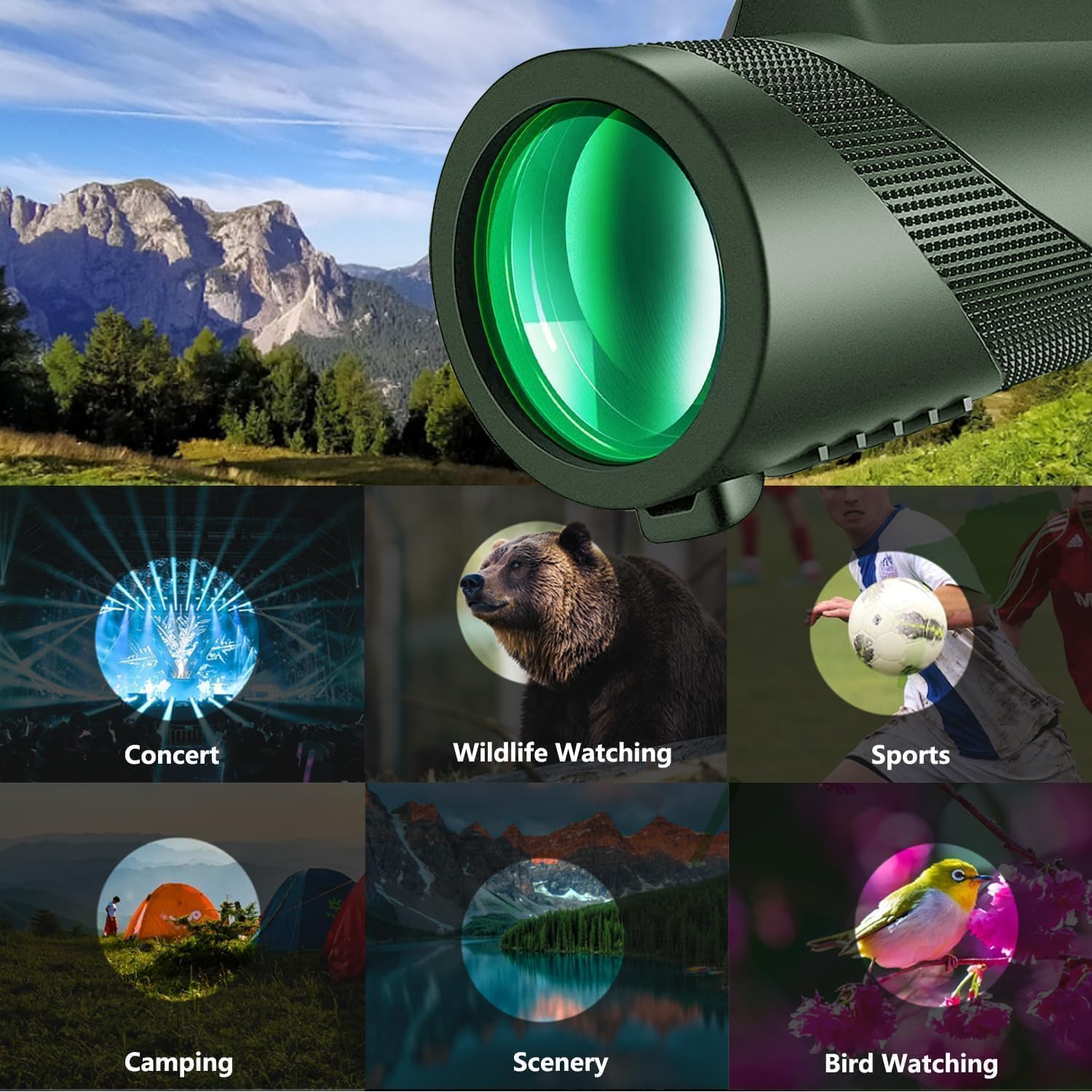 10x50 High Powered Monocular Telescope, Compact Non-Slip Portable Monocular for Bird Watching, Camping, Hiking, Travel, Concerts and Outdoor Viewing（Green） — view 6