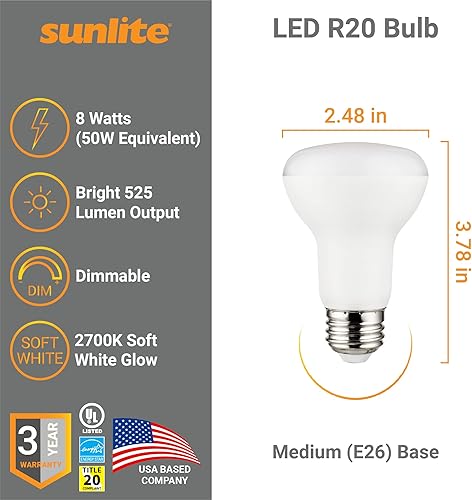 Miniatura 2 de Sunlite 41221 LED 90 CRI R20 - Bombilla empotrada, 8 vatios (50 W), 525 lúmenes, regulable, base media (E26), ángulo de haz amplio de 110, Energy
