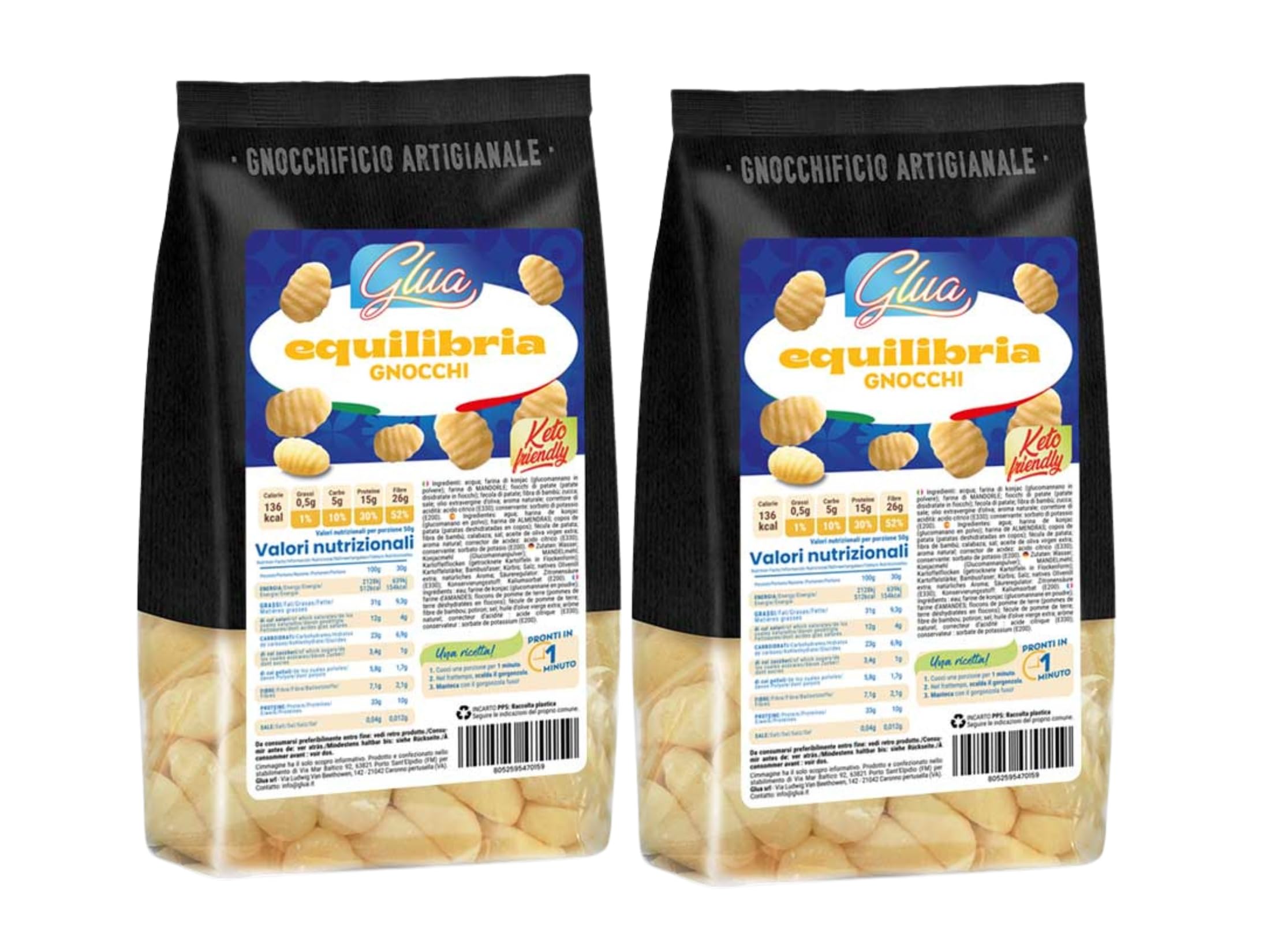 Gnocchi Keto Senza Glutine 250g | Low Carb, 4,75g Carboidrati per Porzione | Con Olio EVO (2 Confezioni)