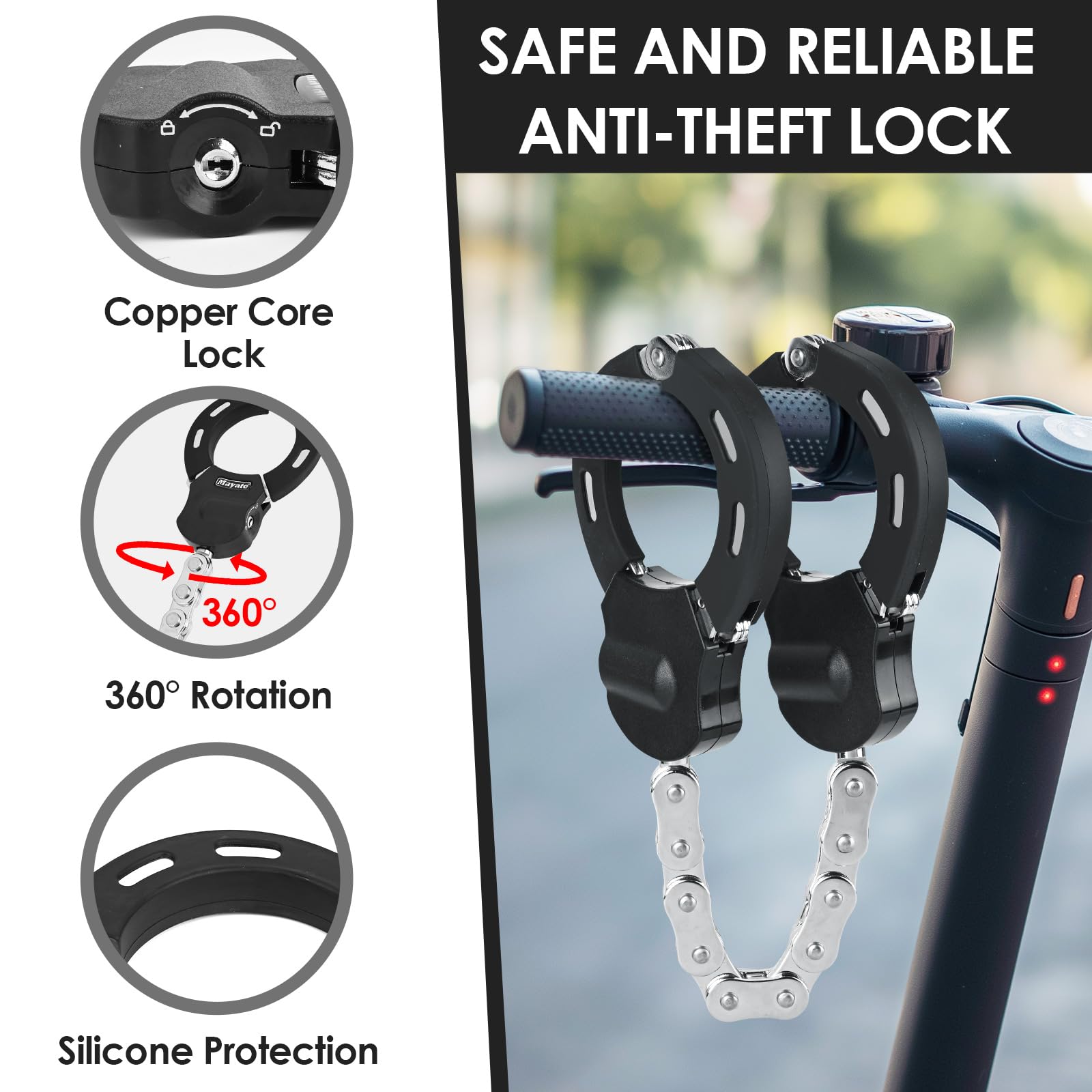 Catena Bicicletta Antifurto, Lucchetto Monopattino Elettrico, Accessori Monopattino Elettrico con Chiave E Borsa Impermeabile 3L, Lucchetto Manette per Scooter Elettrico, Moto, Carrozzine