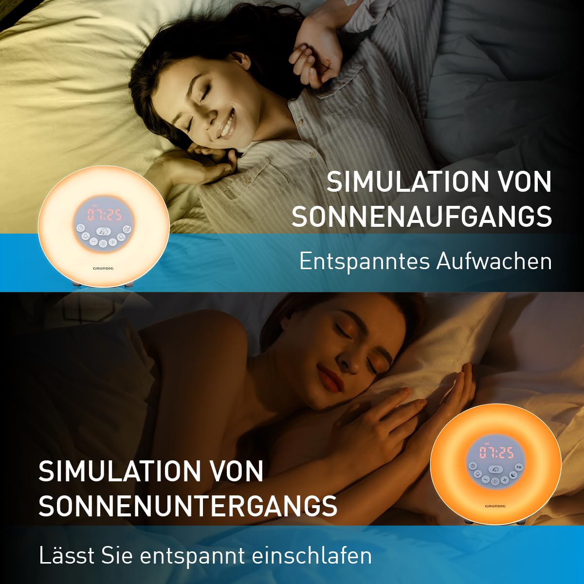 Grundig Lichtwecker mit FM-Radio - Tageslichtwecker mit 10 natürlichen Klängen - Wecker mit Farbwechsel-LED und Zonsopgangsimulation - Schlummer- und Timerfunktion, Weiß