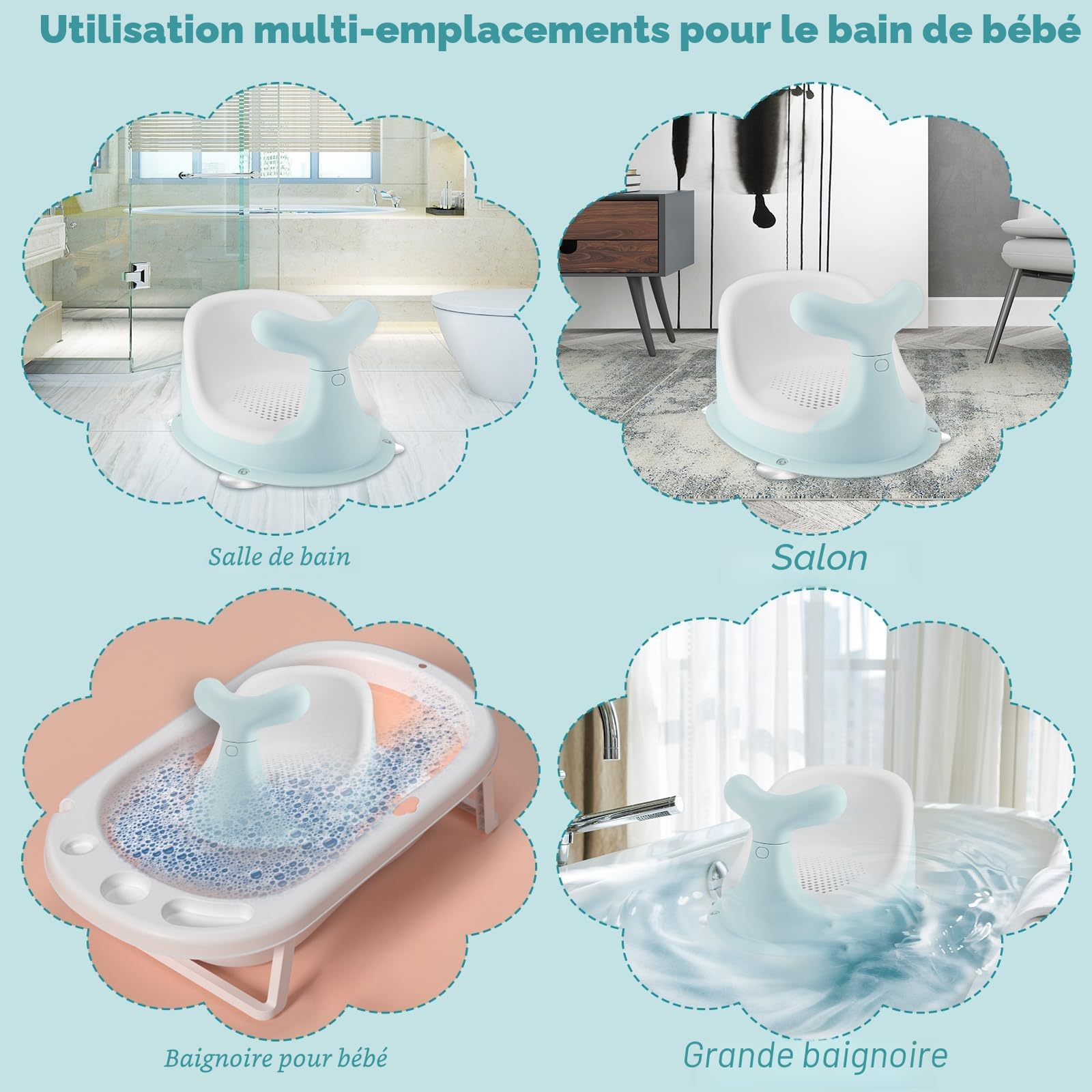 Chaise de Douche pour bébé,forme de baleine mignonne, coussin en silicone en maille respirante et élastique, dossier ergonomique, 4 ventouses antidérapantes puissantes, pour 6 mois et plus (vert)