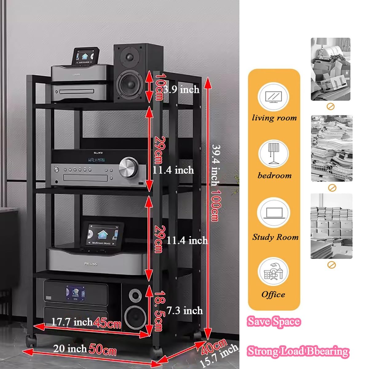 Domowa szafka stereo, wolnostojący stojak na nośniki do odtwarzacza płyt, głośnika, wzmacniacza, odbiornika - komponent audio, jednostka do przechowywania rozrywki do salonu i klubów