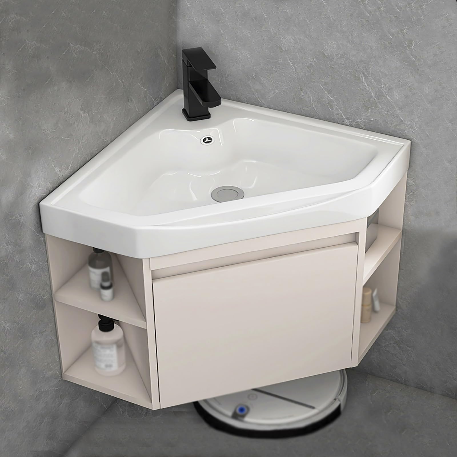 GLJTUO Modern Wall Mounted Bathroom Vanity Sink Combo Set with White Porcelain Basin and Black Faucet Small Space Storage Solution,One Color-48cm/18.9in