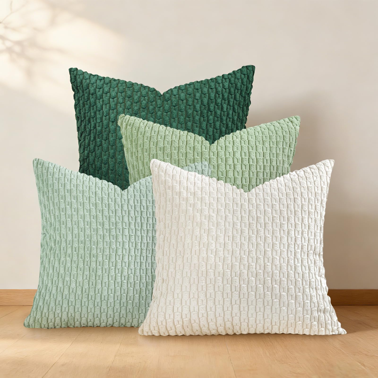 Joymaison Spring Boho Green Striped Cushion Covers 45 x 45 Pack of 4 Soft Modern Corduroy Square Throw Pillow Case Decorative Sofa Cushion with Invisible Zipper