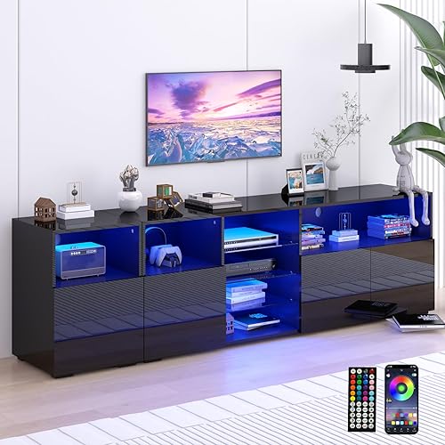 Miniatura 1 de Soporte de TV LED para TV de 7565 pulgadas, consola de TV moderna de alto brillo, centro de entretenimiento con almacenamiento y luces LED para sala