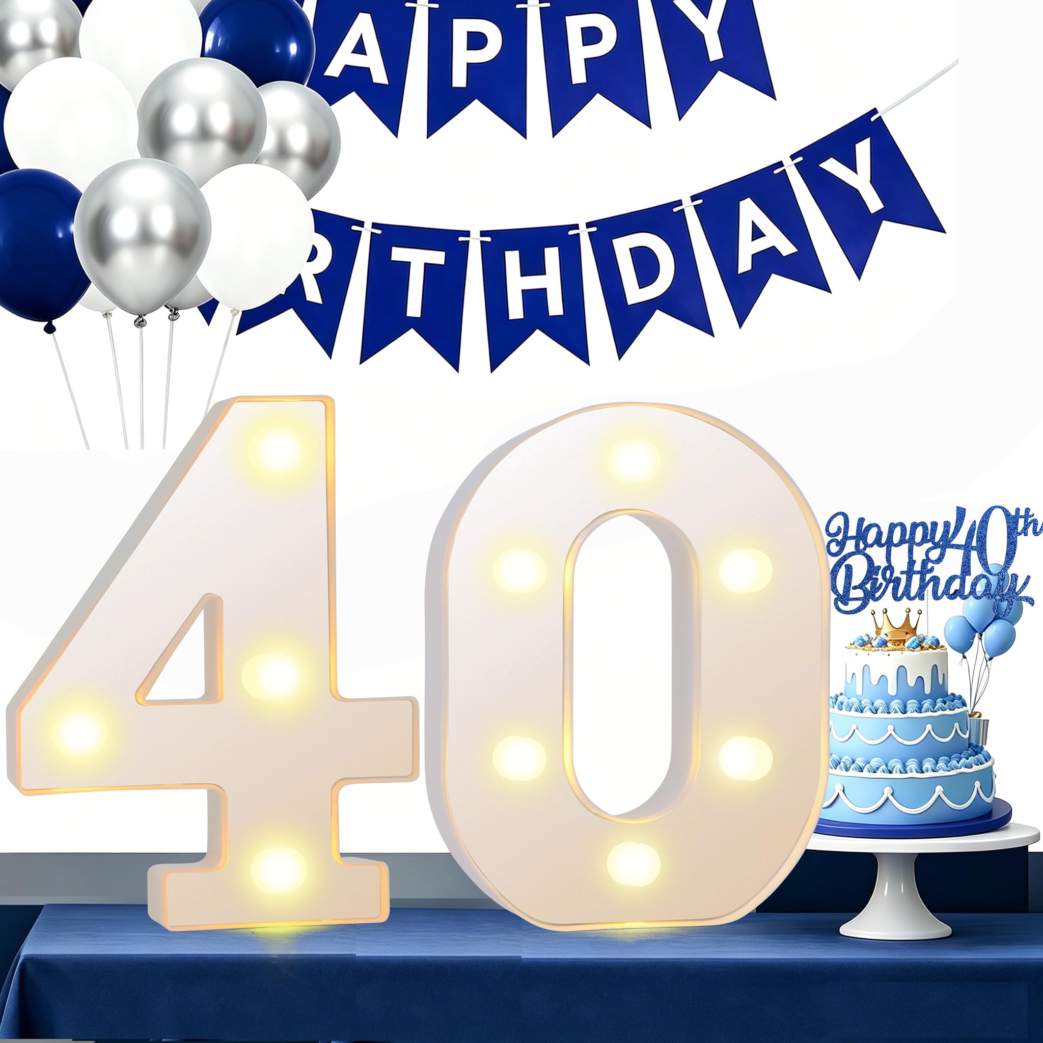 40 Light up Numbers, 40th Birthday Decorations, Light up 40th Birthday Numbers, LED Number Sign with Blue and White Balloon Set, for Wedding Anniversary Grad Home Bedroom (40th)