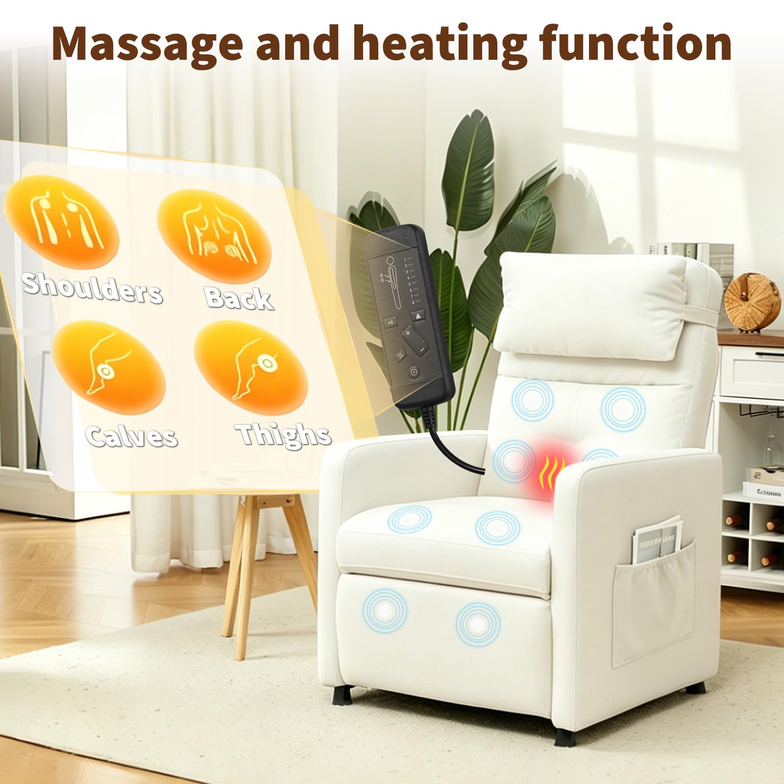 Sillón Reclinable Eléctrico, Sillon Masaje Relax con 6 Puntos, Sillon Relax Ajustables 90°-165°, con Calor Lumbar y Masaje Vibración, Motor Silencioso, Reposapiés, Bolsillos, Puerto USB, Bianco