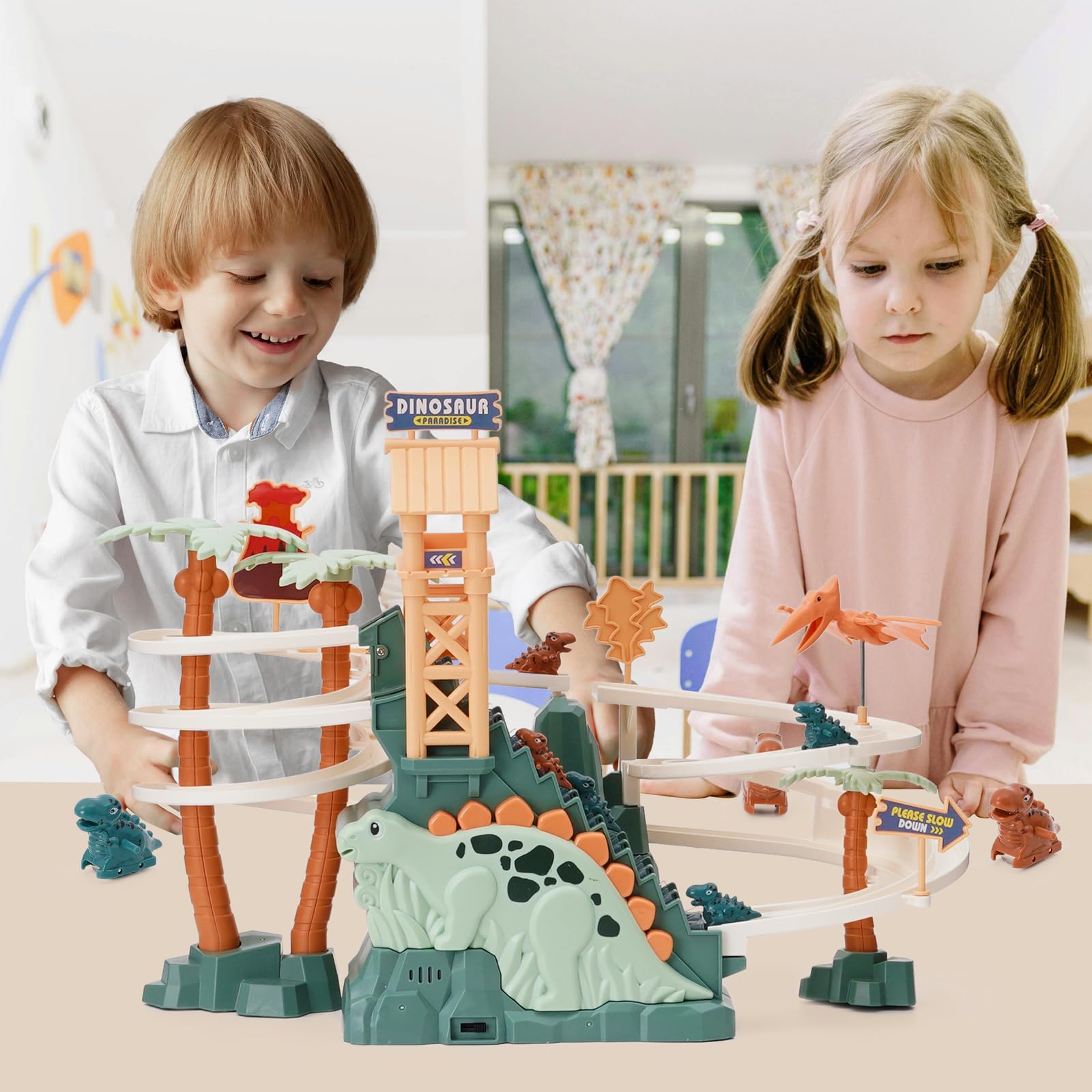 Piste de Course Jouet Dinosaure Escalade Escaliers Jouet Double Boucle Toboggan pour Enfants avec Musique Lumière Intelligence Puzzle Éducatif Playset pour Enfants Garçons Filles