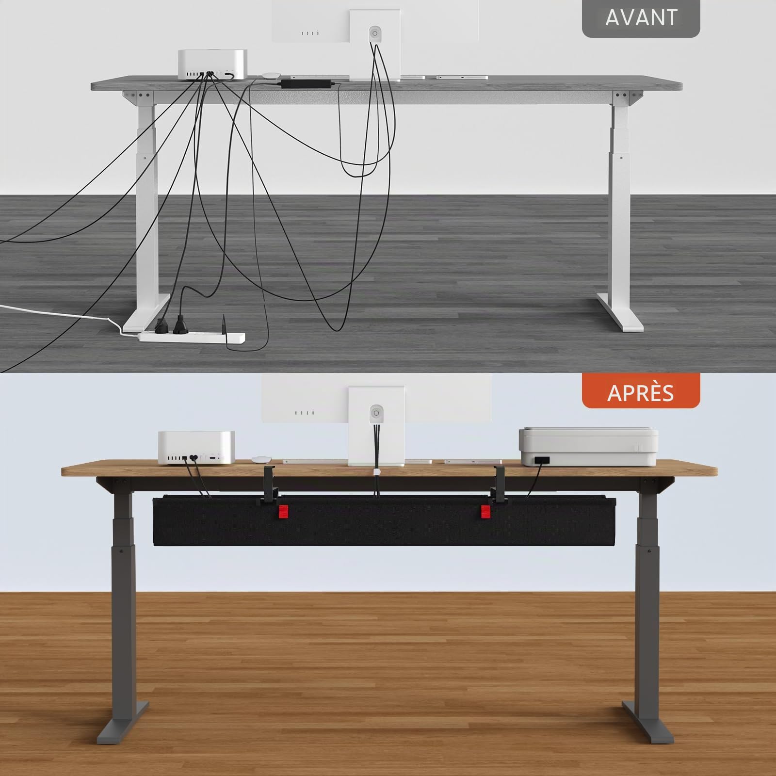 Univivi Plateau de gestion des câbles sous le bureau, 121,9 cm, sans perçage, pour la gestion des fils, organiseur de cordons à pince/vis, panier de câbles en tissu imperméable robuste pour bureau et