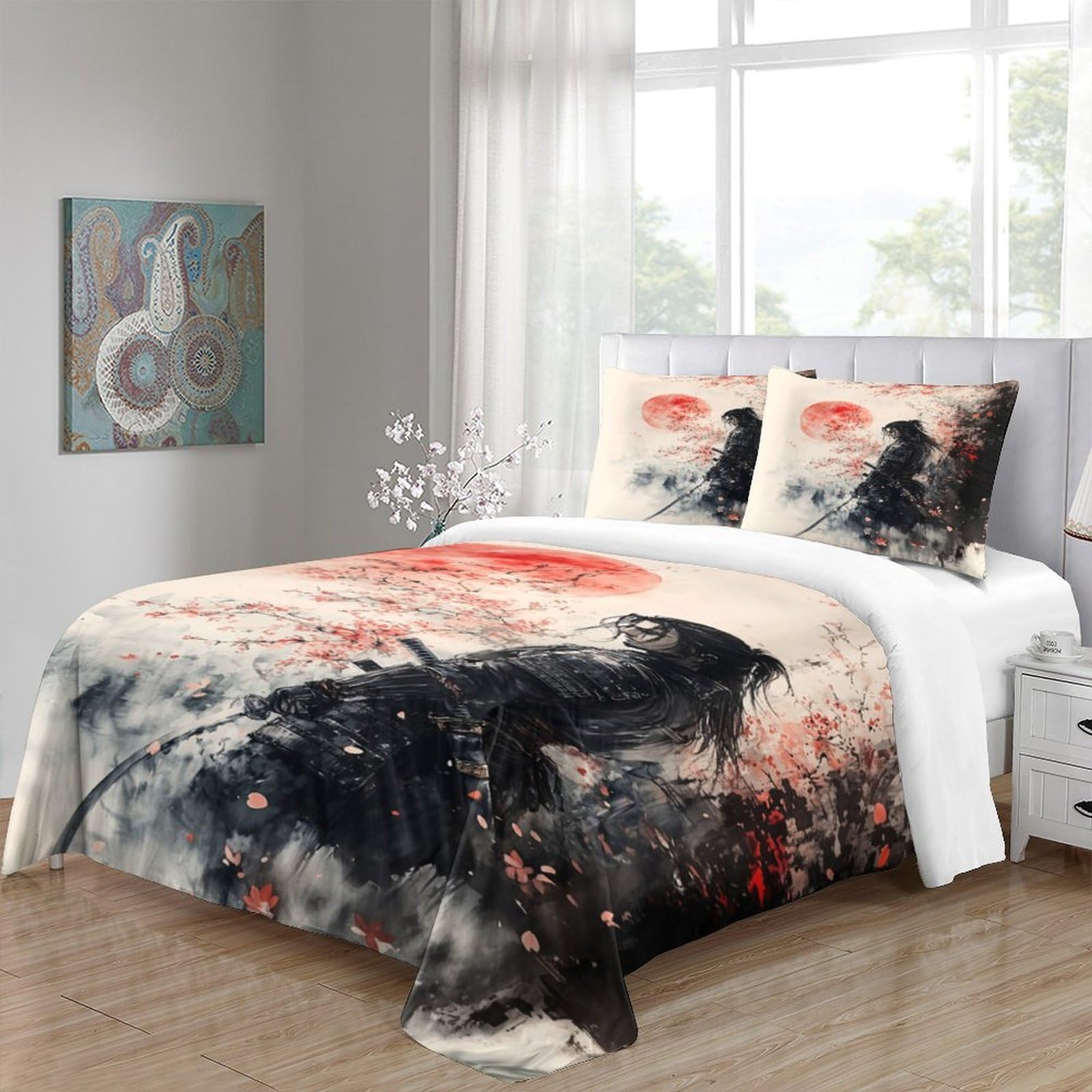 Samurai Krieger 3-teiliges Reines Polyester Japanische Tinte Malerei Stil Bettbezugset, Versteckter Reißverschluss, Für Kleinkinder, Babysicher & Gifffrei, Pflegeleicht King（220x240cm）