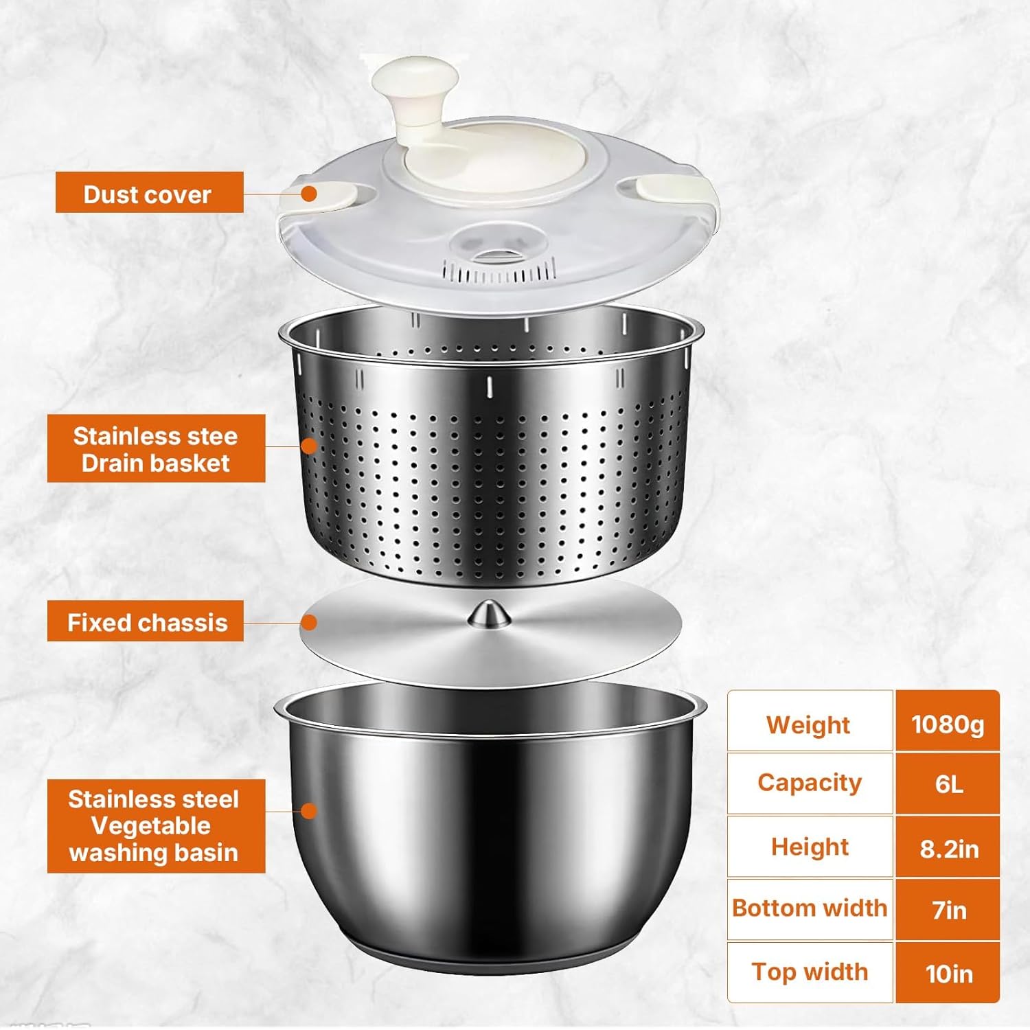 Stainless Steel Salad Spinner, 6L Multi-Use Lettuce Spinner with PP Lid, Large Vegetable Washer with Non-Slip Base, Fruit Washer，Vegetable Dryer