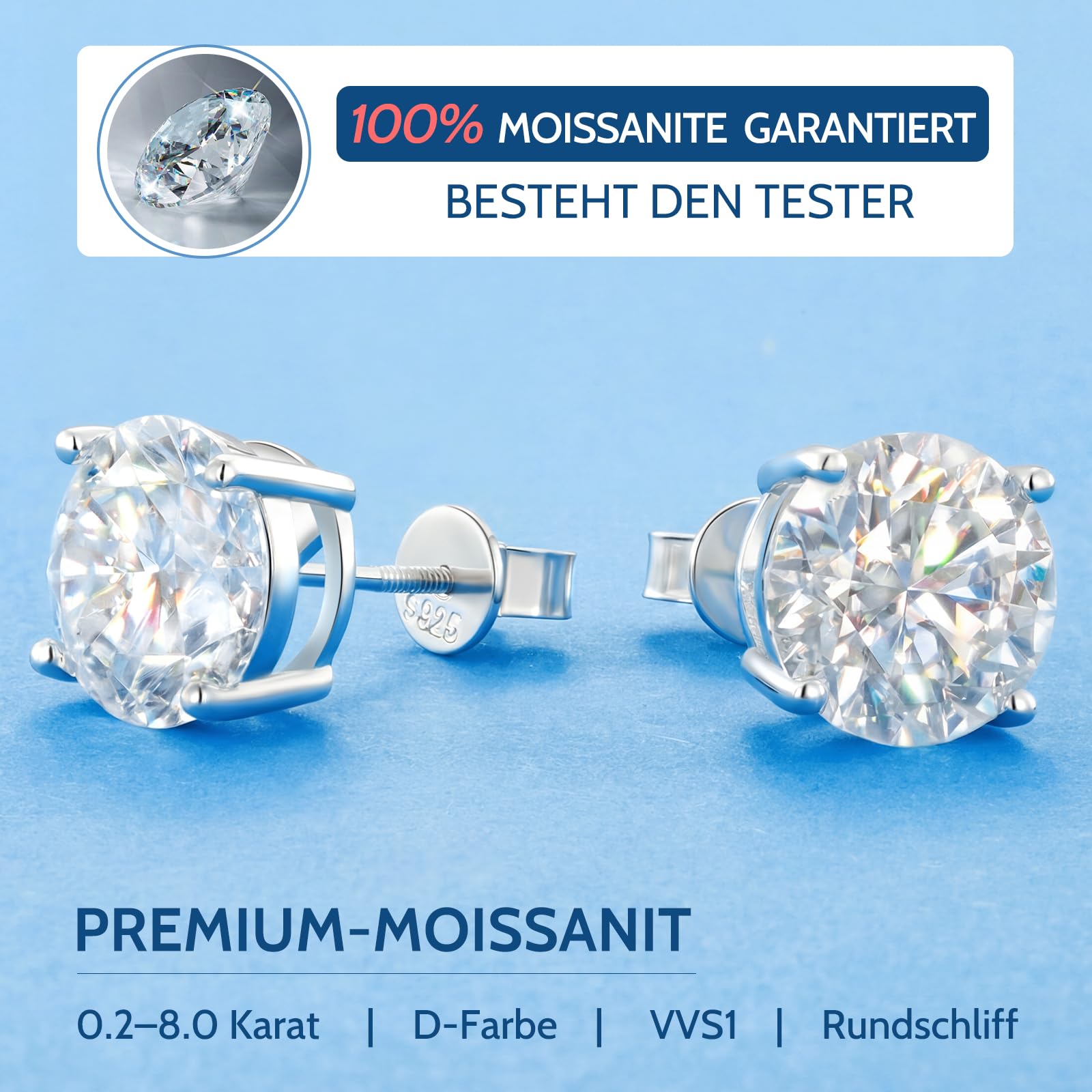 Moissanite Ohrringe Silber 925,Ohrstecker mit Anti-Verlust Schraubverschluss Hypoallergen Weißgold Beschichtet Geschenk für Frauen Mama Oma,3-6.5mm